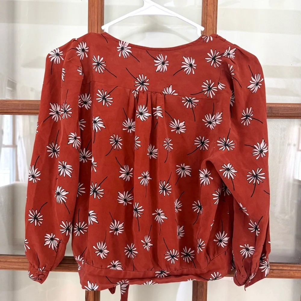 Madewell Silk Tie Front Wrap Blouse Top Medium Rust Orange Floral 3/4 Sleeve - Picture 2 of 7